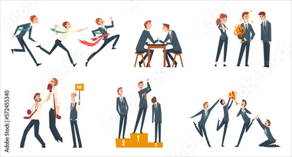 Fototapeta Business people taking part in professional competition set. Office team celebrating victory cartoon vector Illustration
