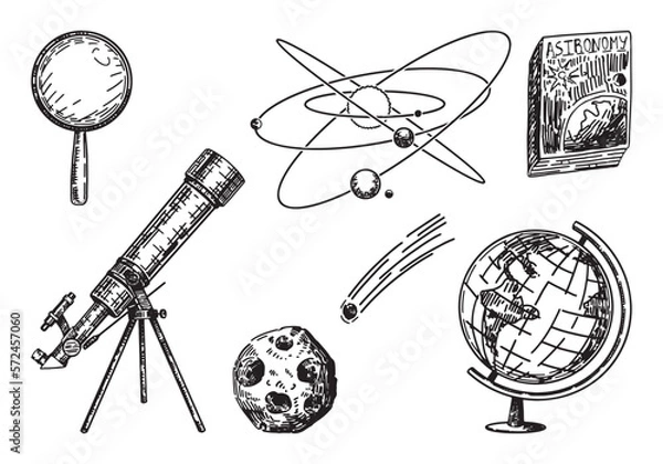 Obraz Astronomy lesson school attributes collection. Set of telescope, globe, textbook, magnifying glass, cosmic body. Hand drawn vector illustrations. Back to school cliparts isolated on white.