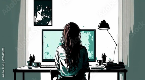 Fototapeta Home office. Girl working with her computer seen from behind. Generative AI