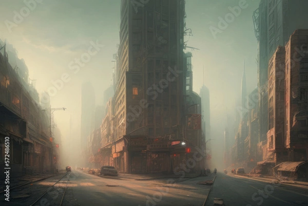 Fototapeta City Landscape Image of Ruins Apocalyptical, Cloudy Gray Sky Atmospheric Background Generative AI Illustration