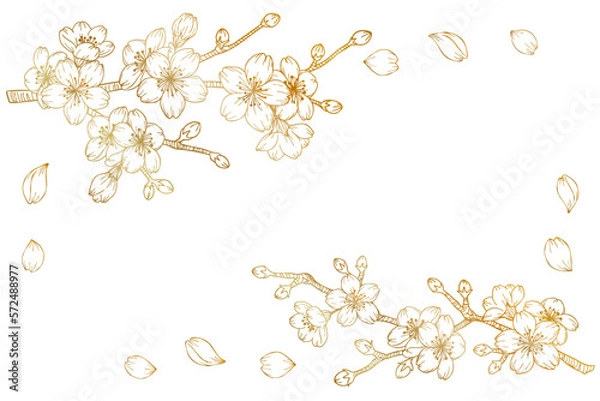 Obraz 枝に咲いている桜の金属風線画パーツイラストセット　ベクター