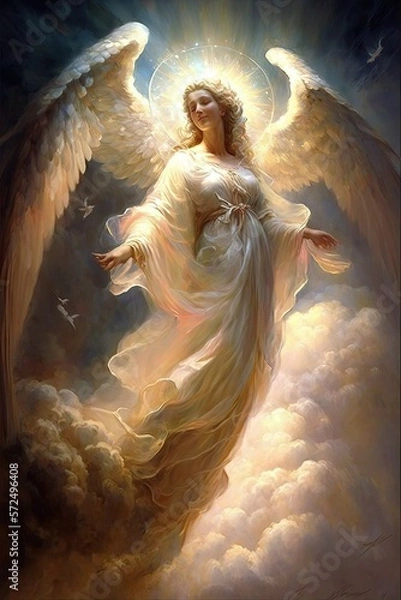 Fototapeta Golden Angel, AI Generated Image of a Beautiful Golden Angel Ascending into Heaven