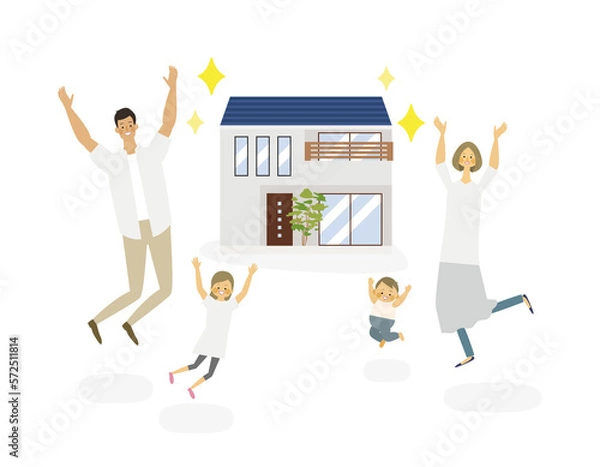 Obraz マイホームが建って喜ぶ4人家族のイラスト