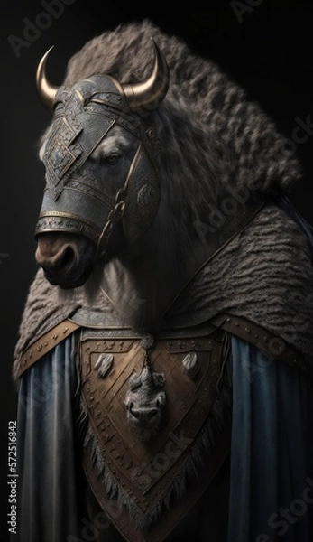 Fototapeta Cute Stylish and Cool Animal Bison Knight of the Middle Ages: Armor, Castle, Sword, and Chivalry in a Colorful and Adorable Illustration (generative AI)