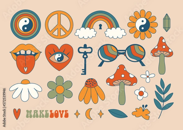 Fototapeta Set of vector groovy psychedelic stickers. Hippie celestial esoteric illustrations. Flat design. 60's, 70's concept. Modern abstract clip arts with amanita, eye, flower, plant, yin yang, rainbow, lips