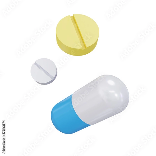 Fototapeta White, yellow and blue capsules isolated on transparent background. 3d render. PNG. Tablets, medicine concept. 3D rendering, for web, ui, ux. Pills. Health