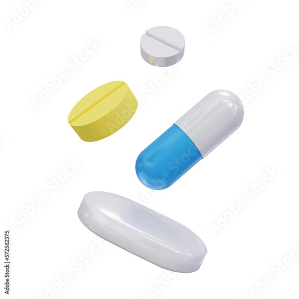 Fototapeta White, yellow and blue capsules isolated on transparent background. 3d render. PNG. Tablets, medicine concept. 3D rendering, ui, ux. Pills. Health