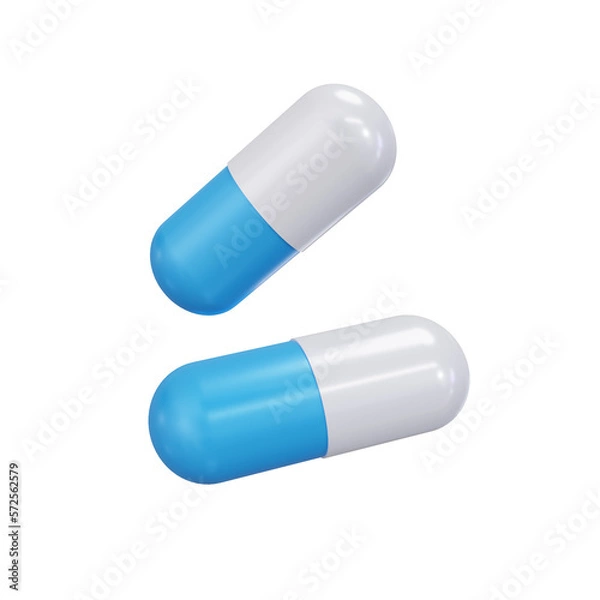 Fototapeta White and blue capsules isolated on transparent background. 3d render. PNG. Tablets, medicine concept. 3D rendering, ui, ux. Pills. Health