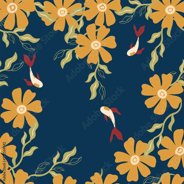 Fototapeta Seamless illustration with flowers and fish. Fabulous World. Perfect for wallpaper, gift paper, pattern filler, web page background, greeting cards. Vector illustration.