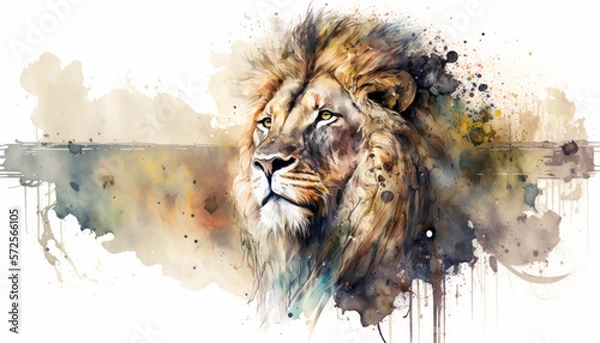 Obraz Majestic lion portrait watercolor paint on white. Generative AI