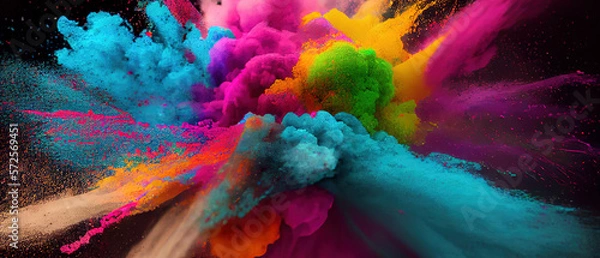 Fototapeta Blown up holi powder in a colorful fashion. Festivities and celebrations associated with Holi. Wide angle format banner background.