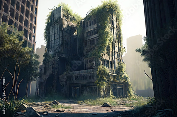 Obraz post-apocalyptic scenery with destroyed building structures, generative ai illustration