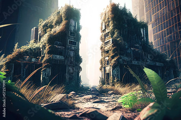 Obraz post-apocalyptic scenery with destroyed building structures, generative ai illustration