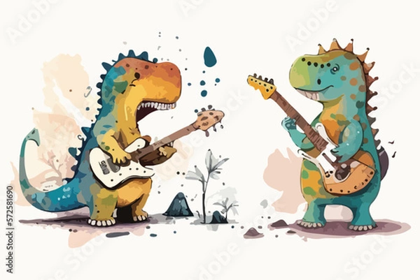Fototapeta guitarist Cute doodle dinosaur, kids dinosaur with watercolor vector illustration