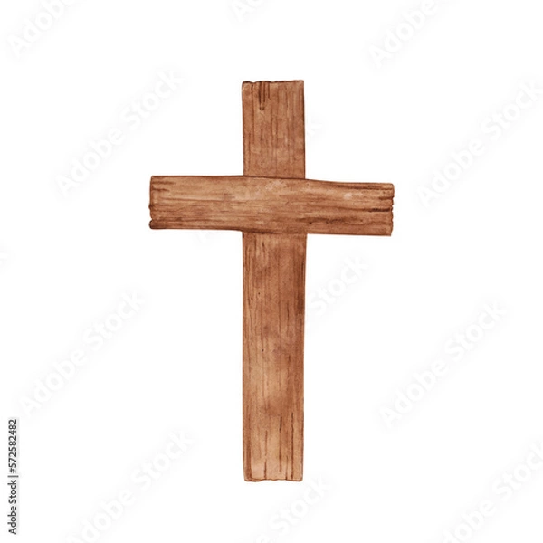 Fototapeta Religious cross isolated on a transparent background. Watercolor wooden Christian cross illustration. The hand-painted catholic or orthodox symbol for the first community, baptism, and Easter.