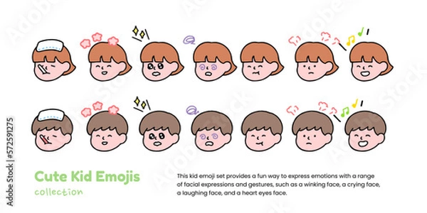 Obraz A set of cute kid emojis pleading, showing love, crying, and showing shock, isolated on a background vector illustration.
