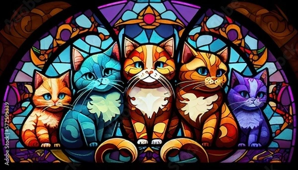 Fototapeta Cats on stained glass window, colorful illustration, pattern background - generative ai