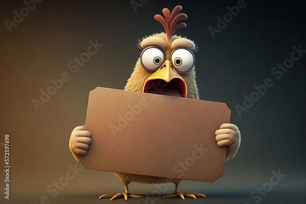 Obraz a cartoon chicken holding a blank signboard created by generative AI