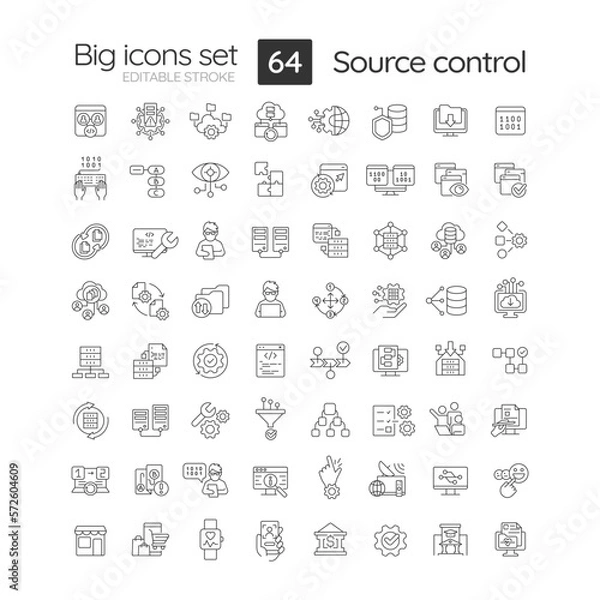 Fototapeta Source control linear icons set. Software development technology. Files changing tracking. SCM system. Customizable thin line symbols. Isolated vector outline illustrations. Editable stroke