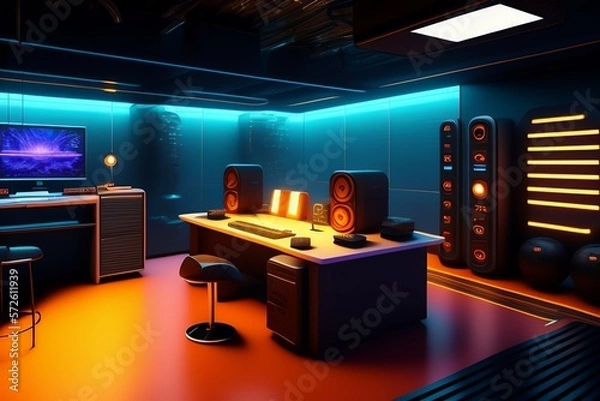 Fototapeta A futuristic gaming Hacker studio Wallpaper 8k Cyberpunk Real Technology 