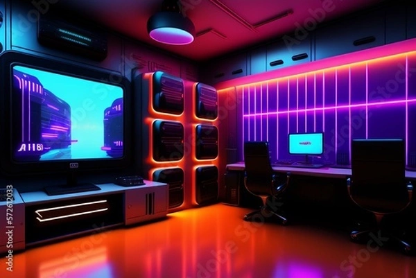 Fototapeta A futuristic gaming Hacker studio Wallpaper 8k Cyberpunk Real Technology 