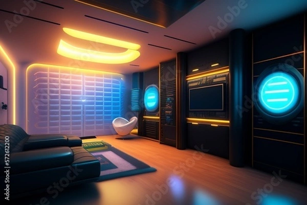 Fototapeta A futuristic gaming Hacker studio Wallpaper 8k Cyberpunk Real Technology 