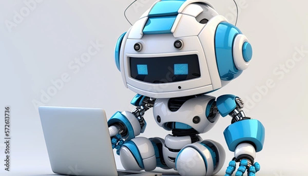 Fototapeta Cute white and blue robot sitting with computer, ai generative