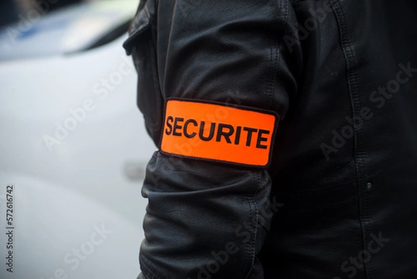 Obraz closeup of security sign on arm of security guard in the street