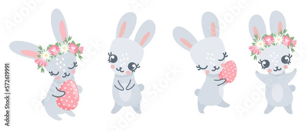 Obraz Vector set of Easter bunnies. Bunnies holding Easter eggs. Animals on white background 