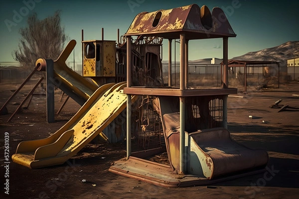 Fototapeta The weirdest most unusable defunct playground for kids, abandoned in the middle of a dry nowhere, symbol of bad planning, weird architecture, modern