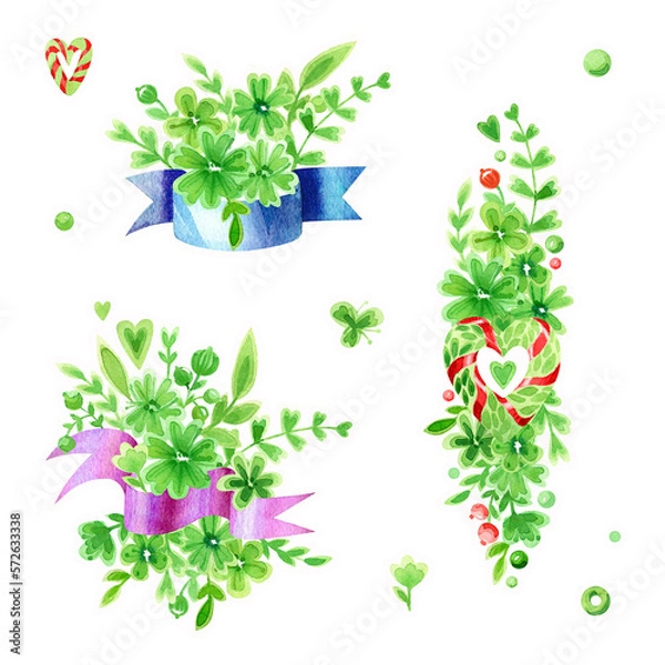 Fototapeta Lovely flower compositions, made from ribbons, flowers, hearts and twigs. Green watercolor illustration isolation on a white background.