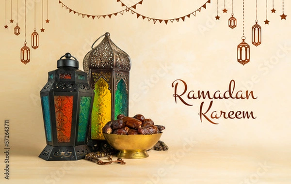 Fototapeta Ramadan background design colourful lantern lamp with dates and tasbih isolated on beige background, Islamic concept Ramadan and Eid Mubarak image