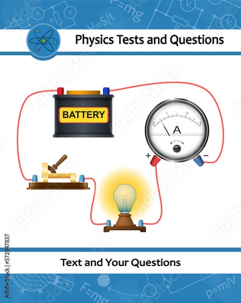 Fototapeta Physical experiment of studying measuring electric current, potential, voltage in an electrical circuit. An electric circuit consisting of connected lightbulbs, battery, conductors, switch, ammeter.
