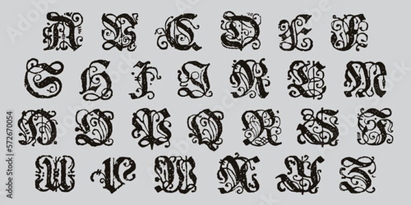 Obraz Blackletter alphabet. Medieval drop caps. Vintage illuminated initials set. Horror gothic icon font.