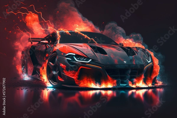 Fototapeta sport car wallpaper with blazing fire around Generative AI