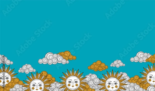 Obraz Vintage sun background. Sun face astrology pattern. Bohemian sun with face print. Antique style sun and clouds esoteric wallpaper. Vintage hand drawn character. Magic monochrome boho style. 