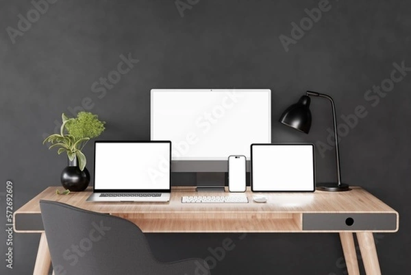 Fototapeta Devices Responsive Website On Workspace Mockup design display presentation