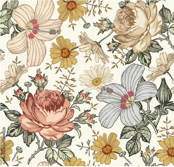 Fototapeta Seamless pattern. Beautiful pink blooming realistic isolated flowers. Vintage background. Set Chamomile Roses hibiscus mallow wildflowers. Wallpaper. Drawing engraving. Vector victorian Illustration