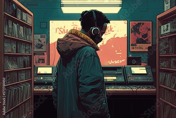 Fototapeta A lofi hip hop music producer wearing headphones and standing in a music studio, generative ai