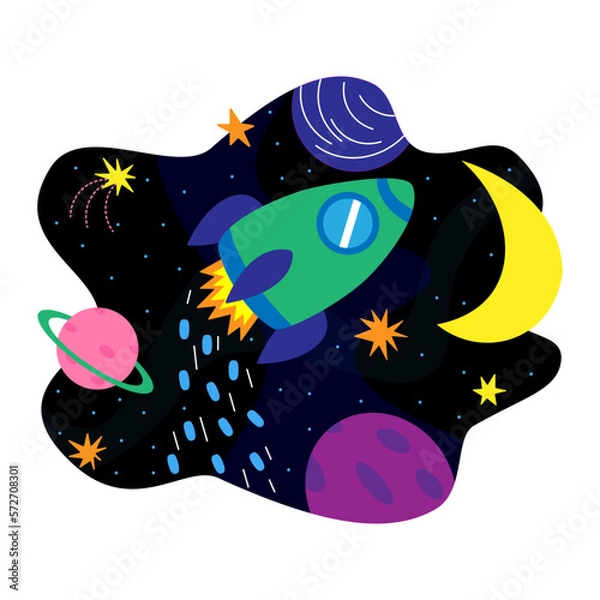 Fototapeta Space background illustration with rocket, planets, moon and stars. Space print design. Design for fashion fabrics, textile graphics, prints. Vector illustration isolated on white background. EPS 10