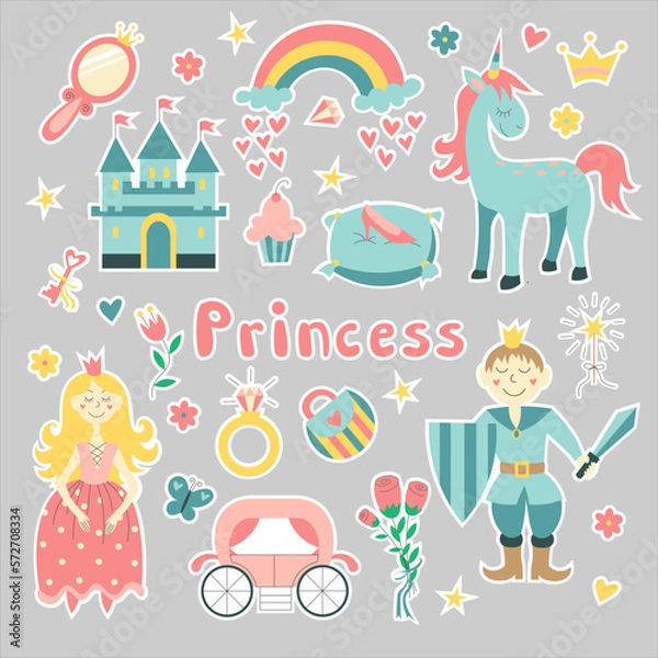 Fototapeta Princess set. Hand drawn childish illustration. Beautiful princesses, princ, castle, carriage and accessories. Vector illustration isolated on white background. EPS 10