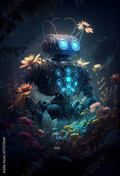 Fototapeta Generative AI illustration of the garden of bio luminescence, a steam punk robot tending to an otherworldly flower bed