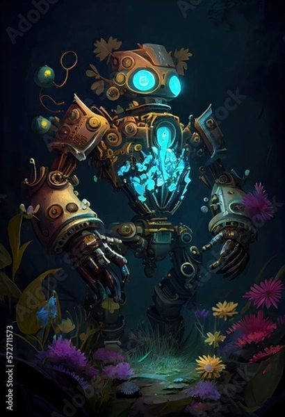 Fototapeta Generative AI illustration of the garden of bio luminescence, a steam punk robot tending to an otherworldly flower bed