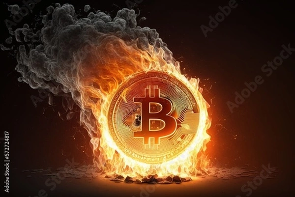 Fototapeta Bitcoin coin is a cryptocurrency burning. The coin with a bright flame.