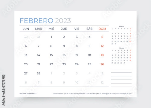 Obraz February 2023 year Spanish calendar. Planner calender layout. Week starts Monday. Spain monthly organizer. Timetable template. Table schedule grid. Vector simple illustration. Paper size A5