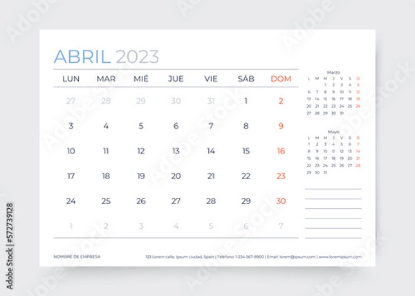 Fototapeta April 2023 year calendar in Spanish. Planner calender template. Week starts Sunday. Spain monthly organizer. Timetable layout. Corporate table schedule grid. Vector simple illustration. Paper size A5