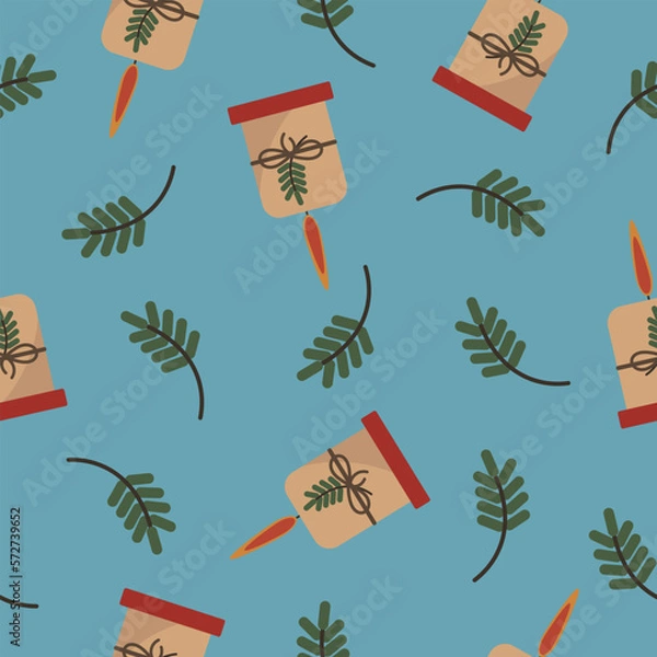Obraz winter vector Christmas candles and fir branches on a blue background pattern