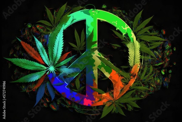 Fototapeta trippy abstract peace sign surrounded by cannabis made by generative ai