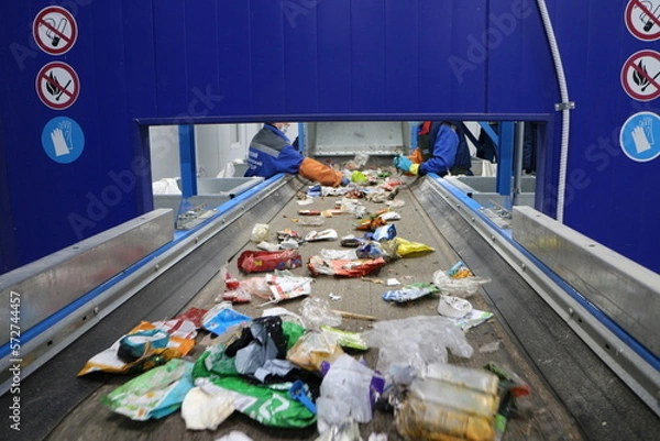 Obraz conveyors in the workshop of a waste sorting plant