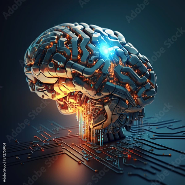 Fototapeta Artificial Intelligence. AI Human Brain with the circuit board. 3D hyper detailed Render. Mind technology. Generative AI.